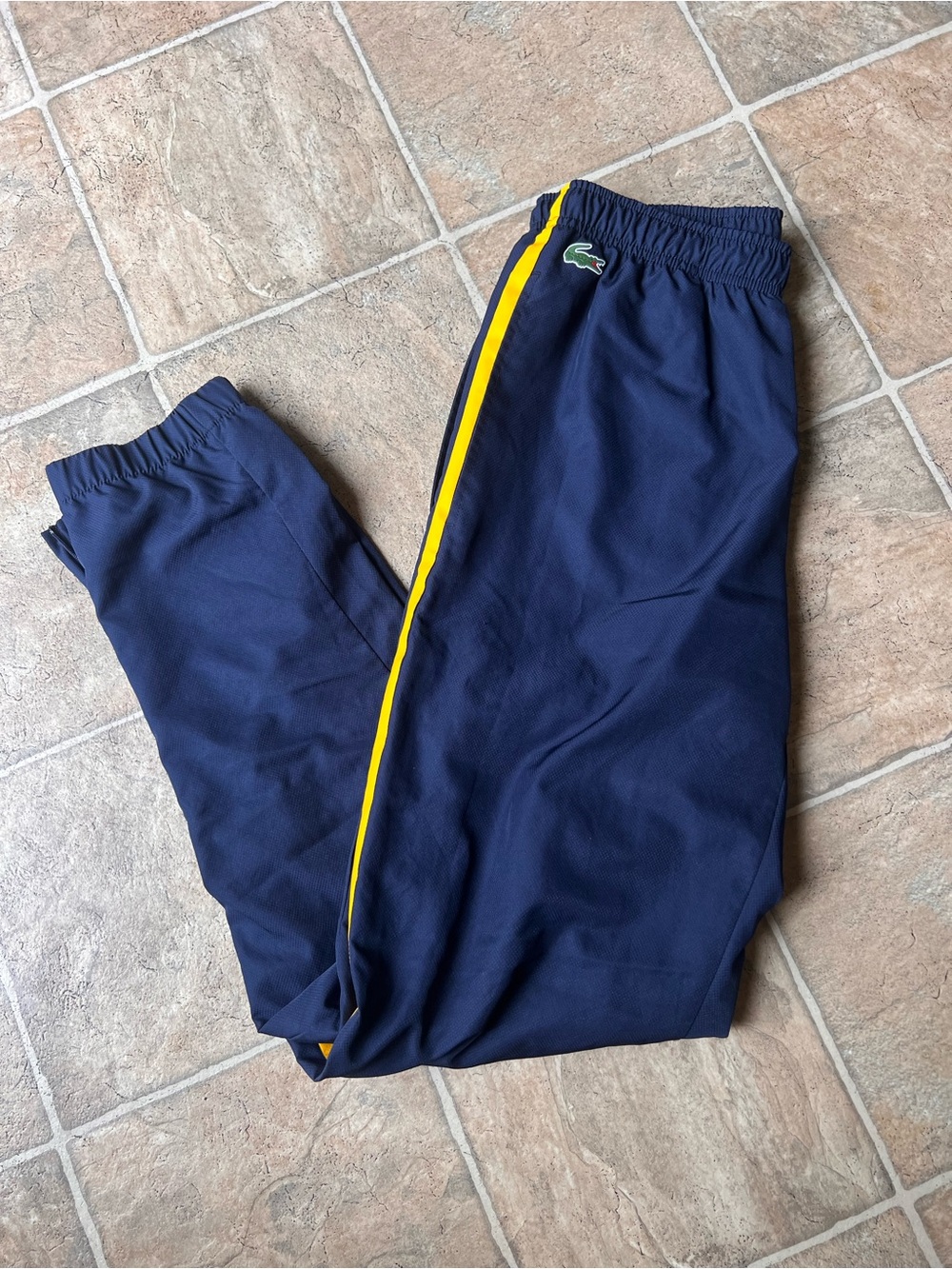 Lacoste Navy Track Pants with Yellow Side Stripe